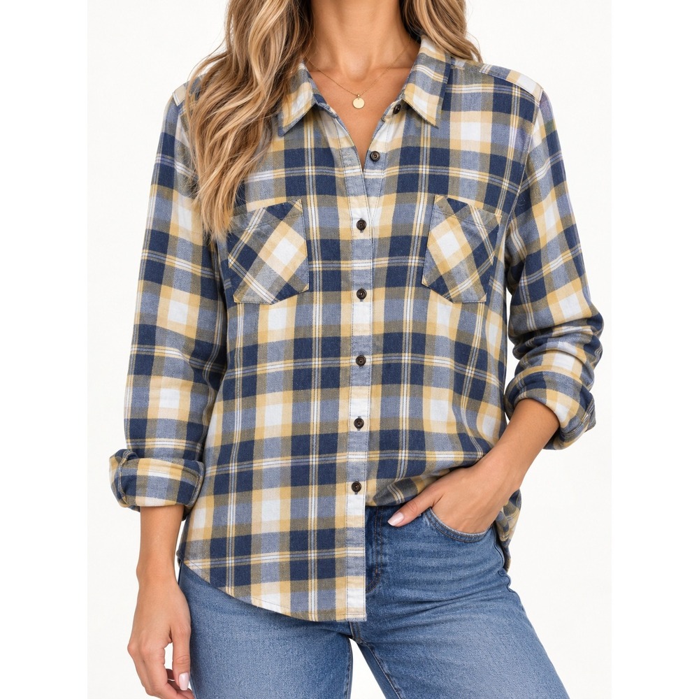Natural Reflections Flannel Shirt Navy Blue Yellow Plaid Button Down XL Womens